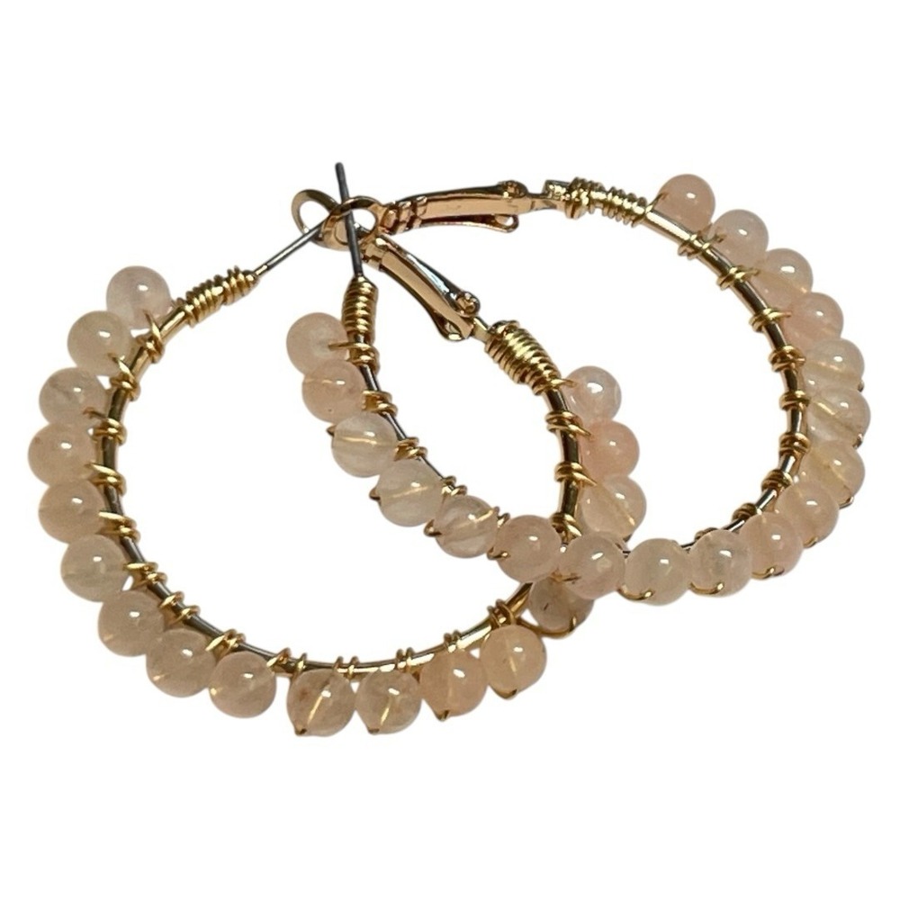 New Parfois Rose Quartz Stone Beaded Hoop Gold Earrings - Picture 2 of 5